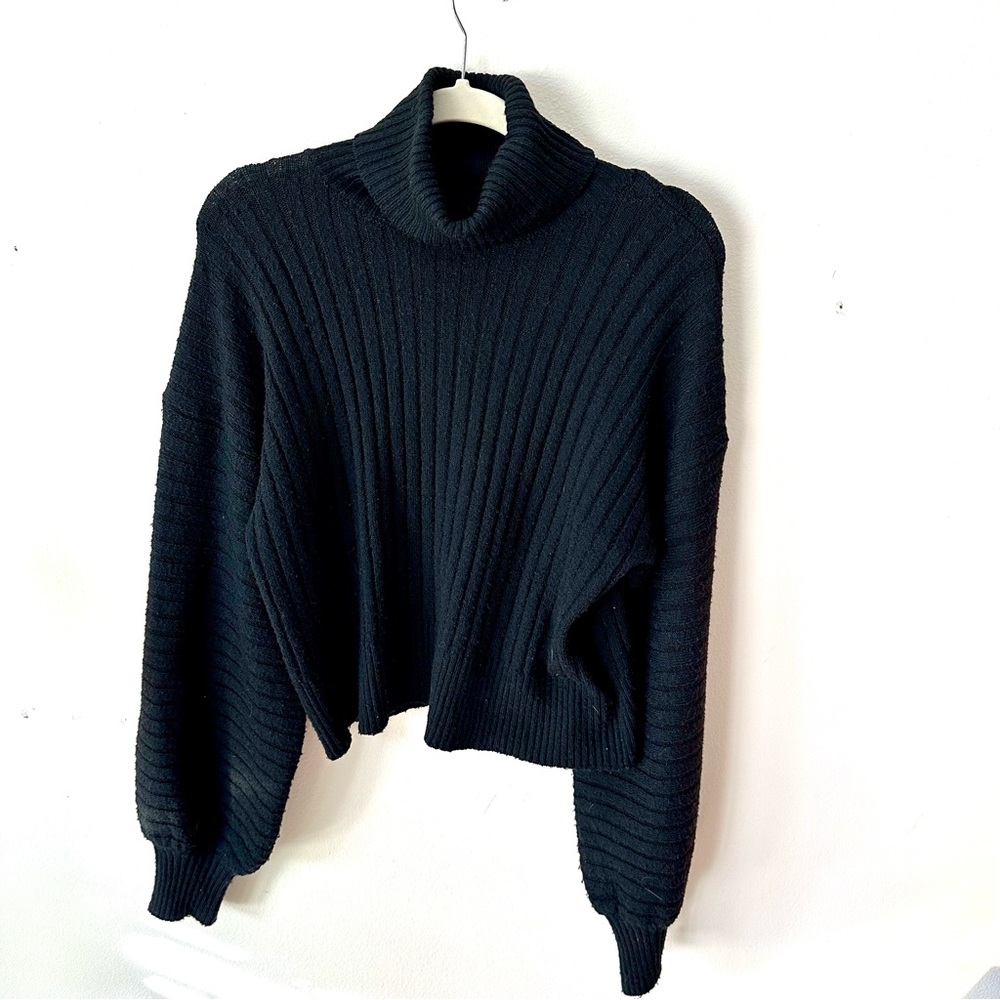 Wide Sleeve Black Ribbed Turtleneck Sweater